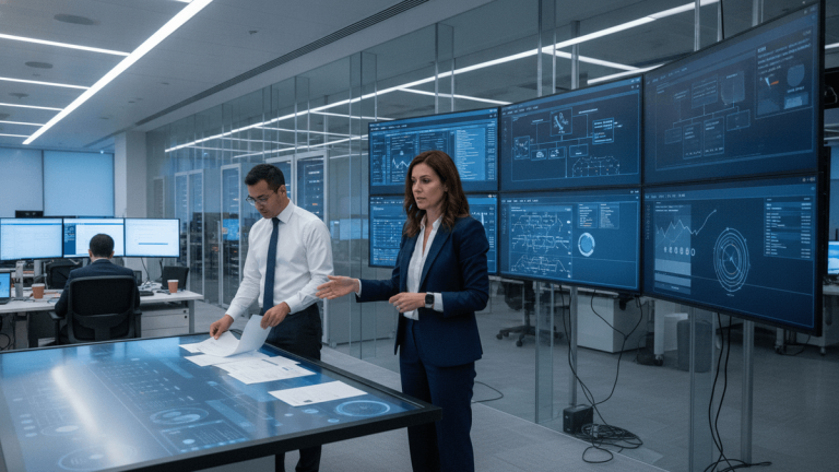Two financial professionals, one female and one male, work at a modern desk with multiple monitors displaying data.