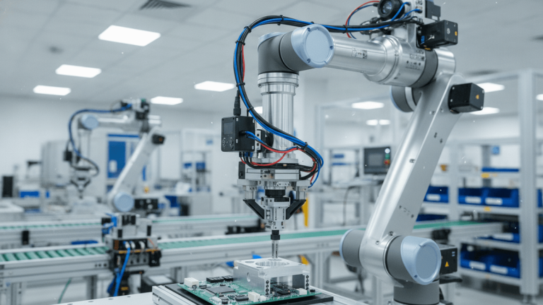 A robotic arm with visible sensors and cables engaged in precision manufacturing on a factory floor.