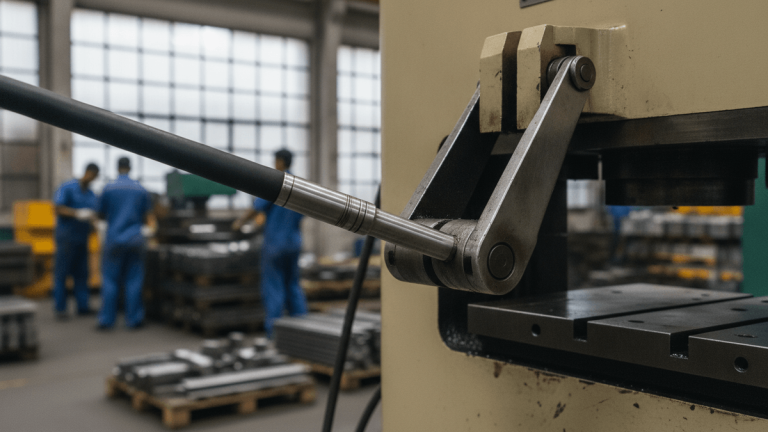 A close-up of a push-pull cable mechanism integrated into heavy-duty industrial machinery on an assembly line.