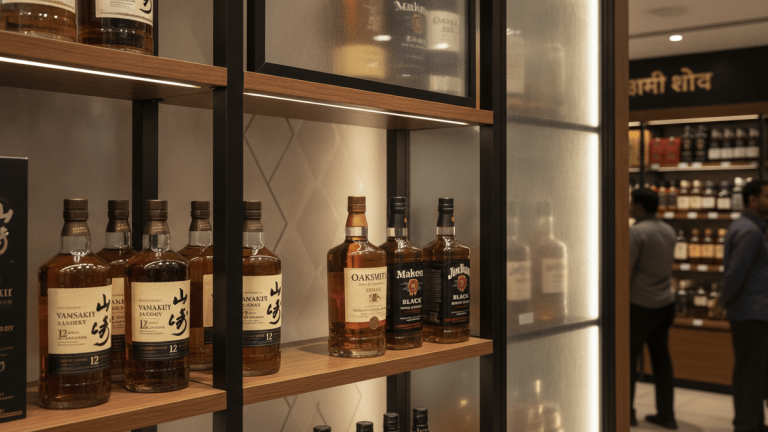 A medium shot of whisky bottles, including Oaksmith, Yamazaki, Maker's Mark, and Jim Beam, displayed on wooden shelves in a modern liquor store.