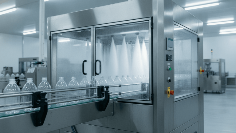 An aseptic tunnel rinser machine with clear plastic bottles on a conveyor belt, high-pressure jets visible inside.