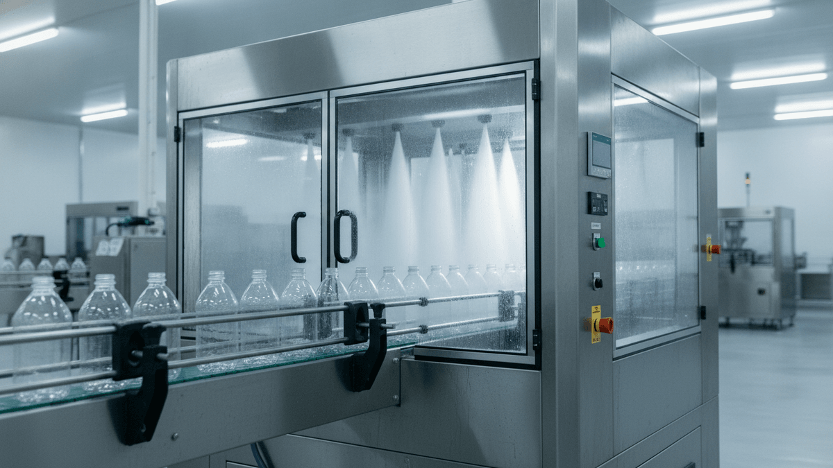An aseptic tunnel rinser machine with clear plastic bottles on a conveyor belt, high-pressure jets visible inside.