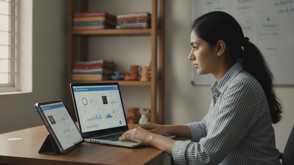 A young Indian woman works on a laptop and tablet in a well-lit home office, with products in the background.