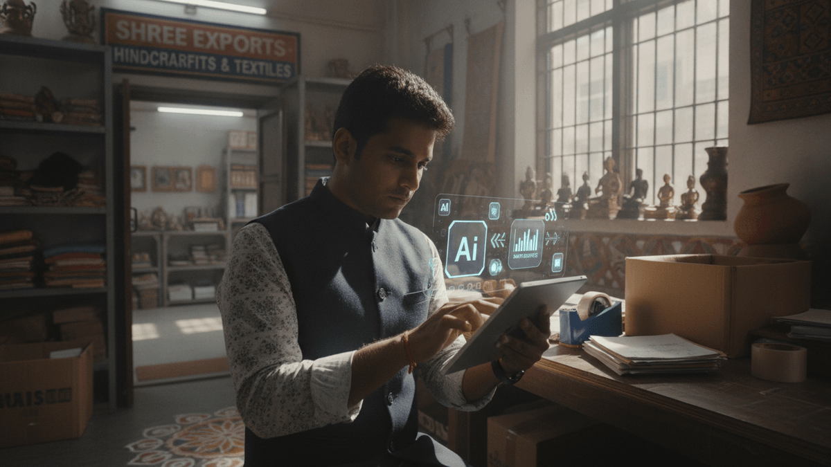 A man in an Indian business environment interacts with a tablet displaying AI interfaces and business data.