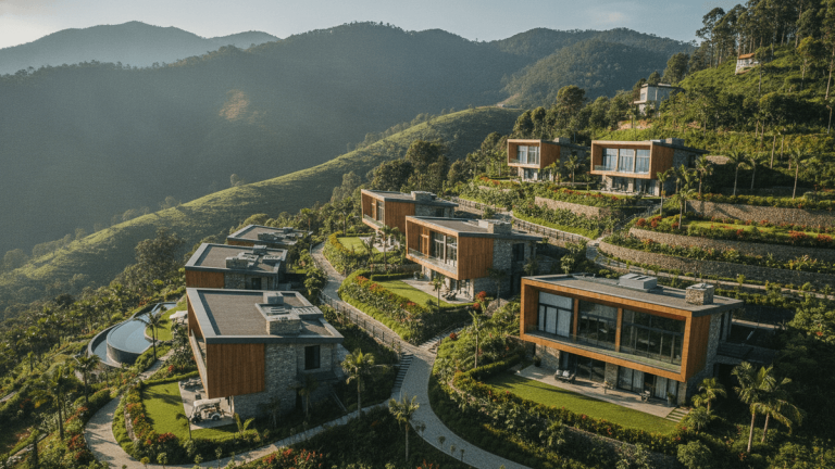 An elevated view of several modern, architecturally distinct houses nestled into a lush, green mountainous landscape under clear skies.