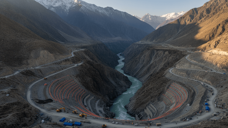 Wide shot of a deep river valley in high-altitude mountains, with survey markers and excavation equipment visible.