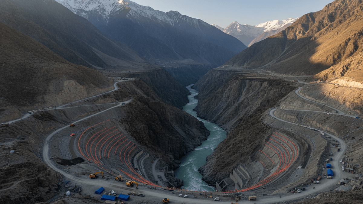 Wide shot of a deep river valley in high-altitude mountains, with survey markers and excavation equipment visible.