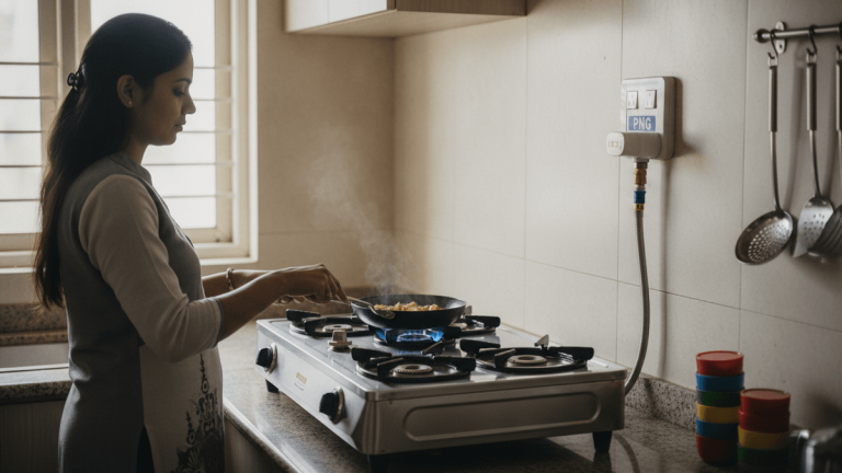 A woman cooks on a gas stove connected to a wall-mounted PNG outlet in a brightly lit Indian kitchen, with no LPG cylinder.
