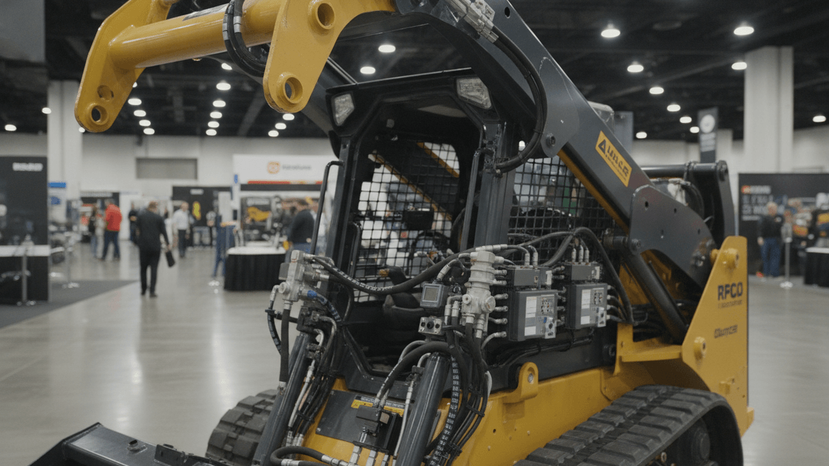 A medium shot of a yellow skid steer in an exhibition hall, showing hydraulic lines, electronic sensors, and control components.