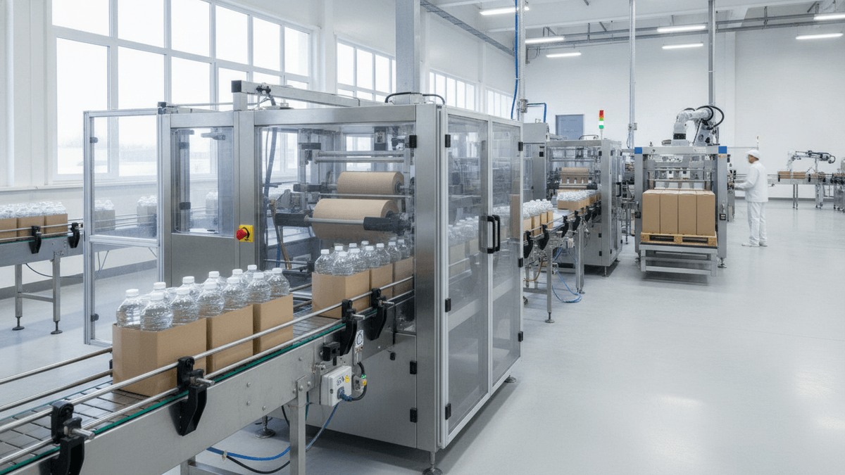 An industrial packaging line with clear PET bottles moving on a conveyor and machinery handling paper-based packaging.