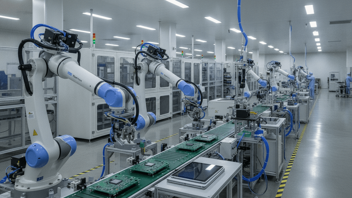 Robotic arms on an assembly line with circuit boards, microchips, and factory equipment under fluorescent lighting.