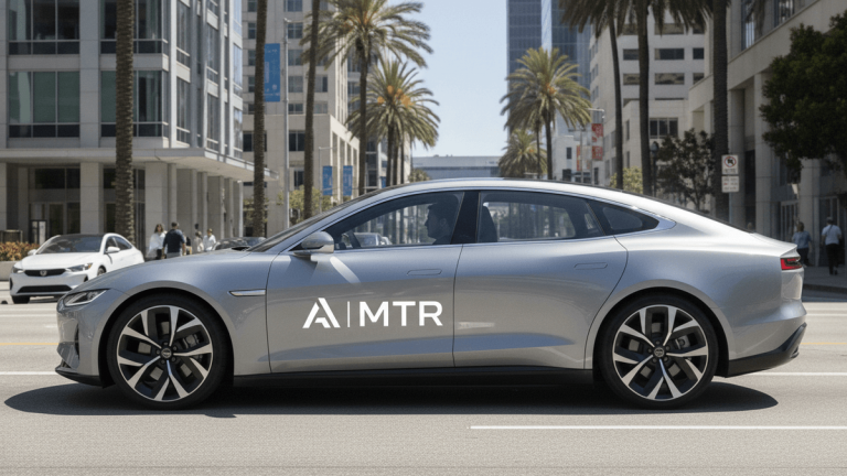 A silver modern sedan with a minimalist "A|MTR" logo on its side, driving on a sunny street in a California city.
