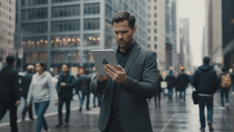 A man in a suit jacket looks at a digital tablet with a holographic display on a busy city street.